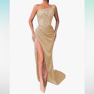 Gold Sequin Mermaid Prom Dress with high slit